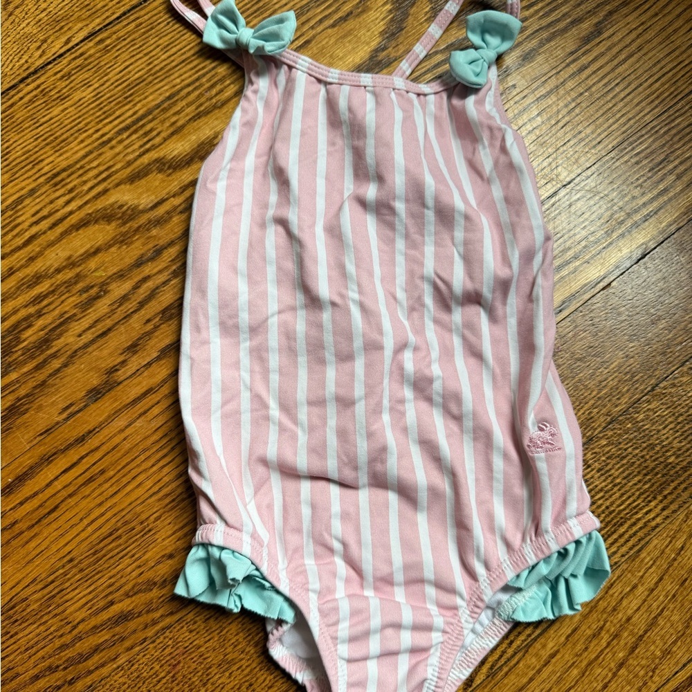 babycottons Toddler Girls Pink and White Striped One-Piece Bathing Suit 3T EUC